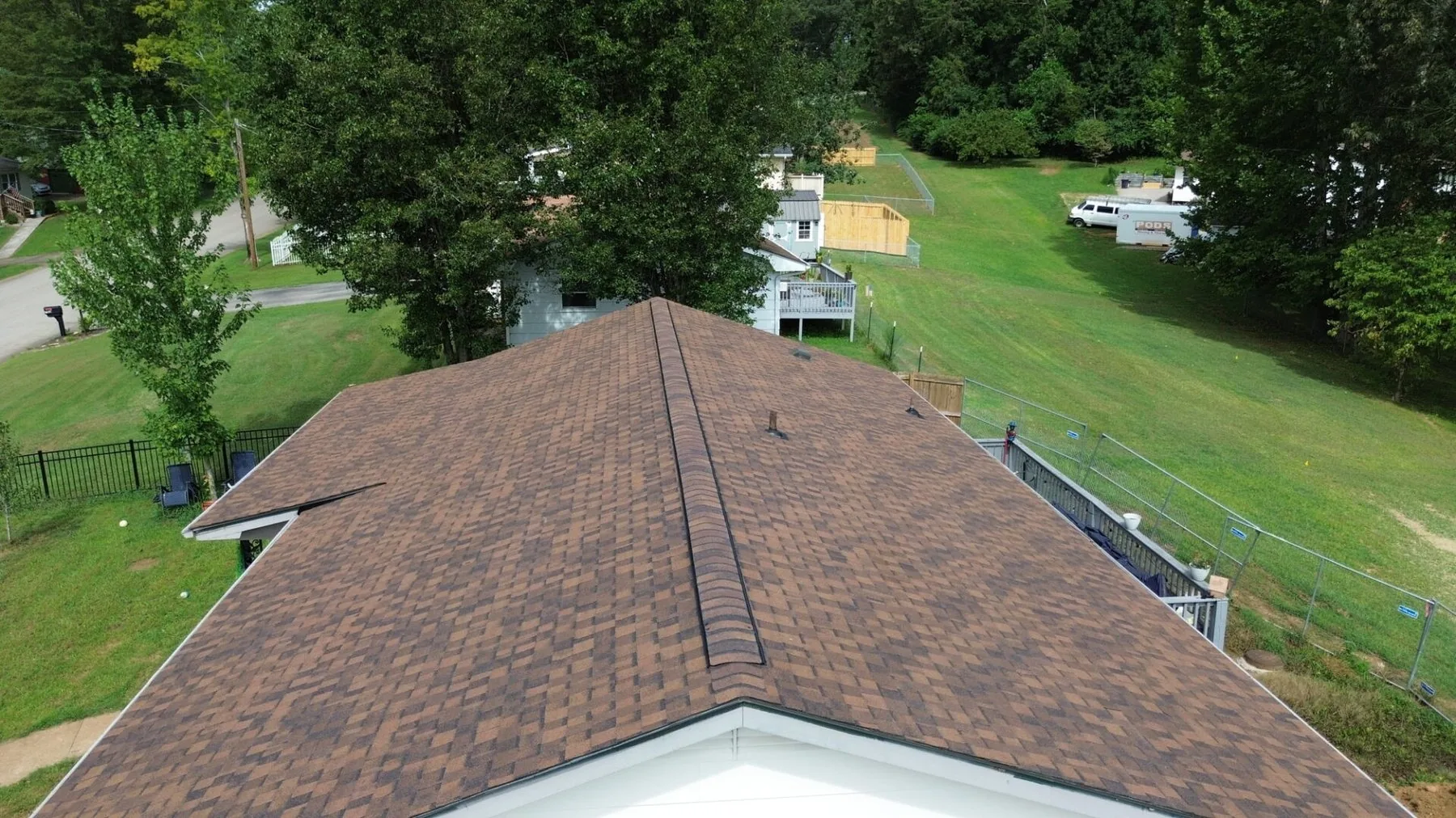 Drone view of a finished asphalt shingle roof
