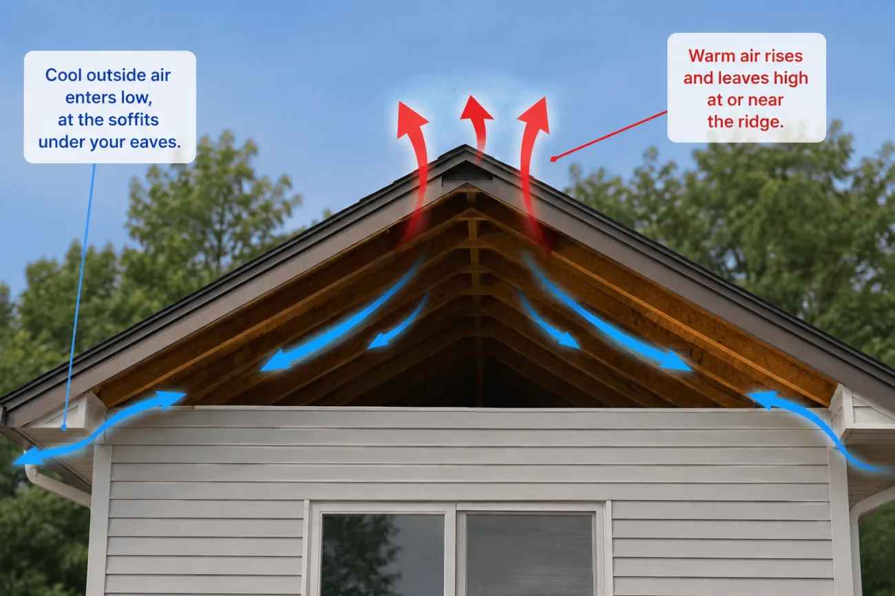 Diagram of attic ventilation airflow, cool intake at the soffits and warm exhaust at the ridge