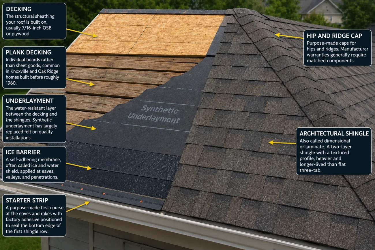 Diagram of a roof's inner structure and underlayers from decking up to shingles
