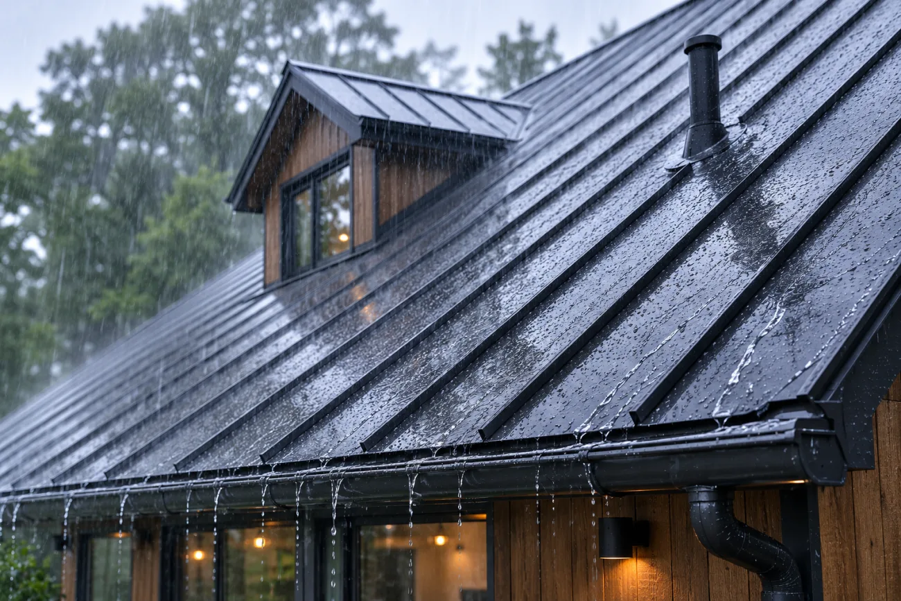 Rain falling on a residential standing-seam metal roof in East Tennessee